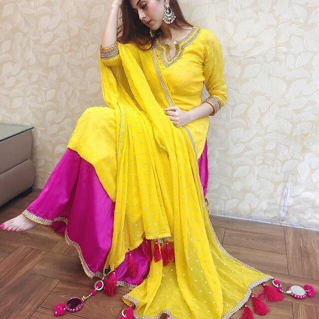 Attractive Yellow Color Festival Wear Moti Work Georgette Sharara Suit